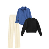 Classic Blue Striped Shirt with Pleated Trousers & Cable-Knit Sweater Coordinate Set