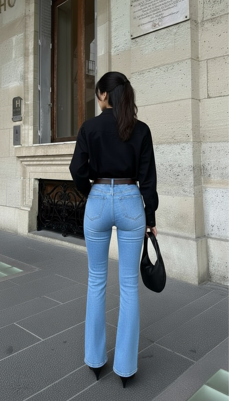 Sky blue bell bottom jeans | Black shirt | Womens