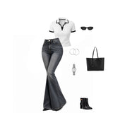 Women's White Polo T-Shirt & Black Bell Bottom Jeans Co-Ord Set