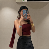 Wine Red Asymmetric Scarf Crop Top