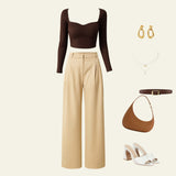 Mocha Grace Top with Beige Tailored Trousers