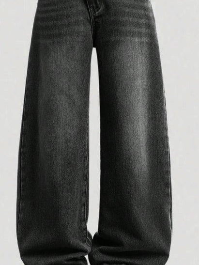 Black wide-leg jeans on a light gray background