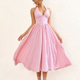 Vintage Charm Pink Check Halter Midi Dress