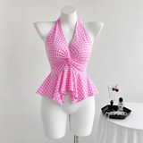 Gingham Halterneck Peplum Top