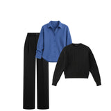 Classic Blue Striped Shirt with Pleated Trousers & Cable-Knit Sweater Coordinate Set