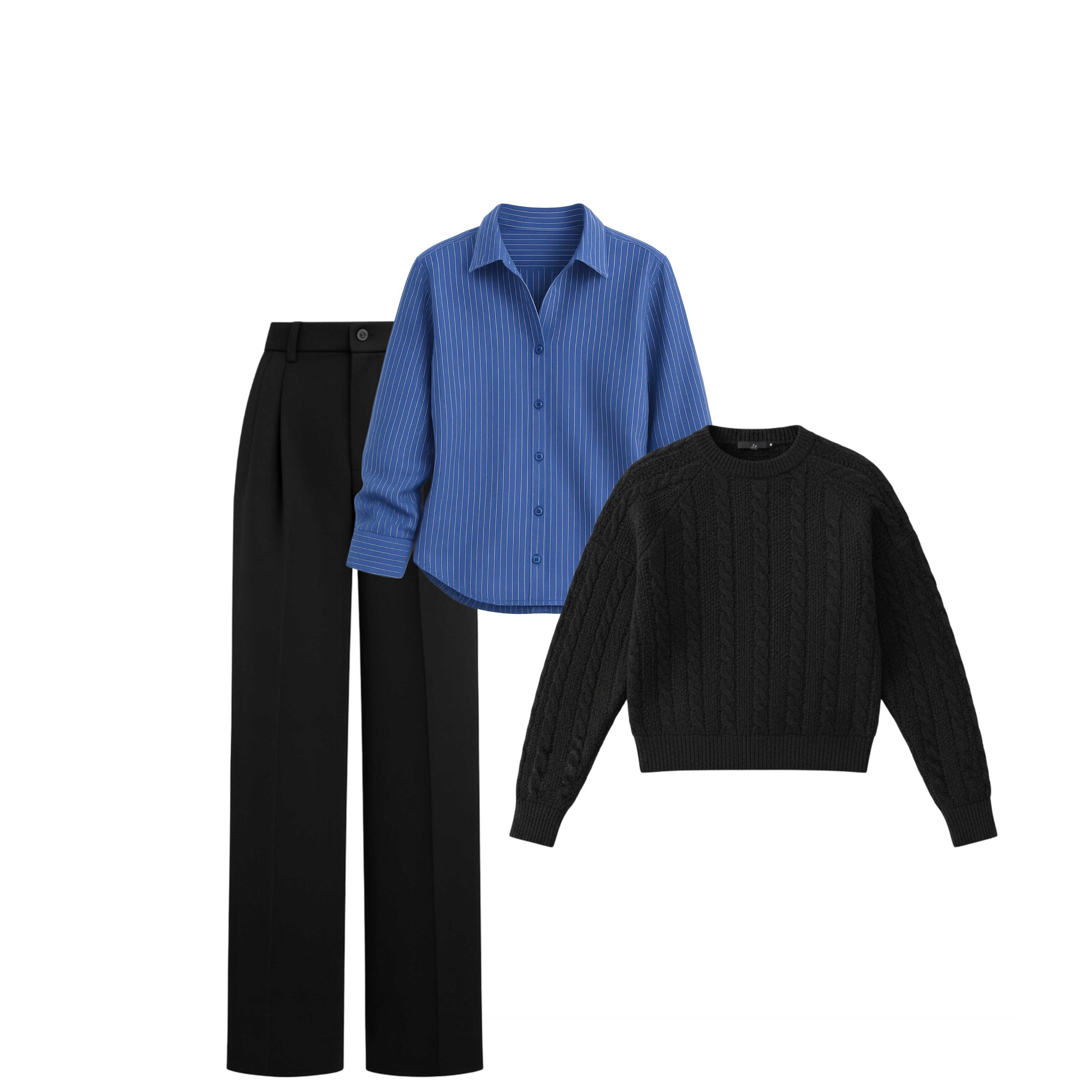 Classic Blue Striped Shirt with Pleated Trousers & Cable-Knit Sweater Coordinate Set