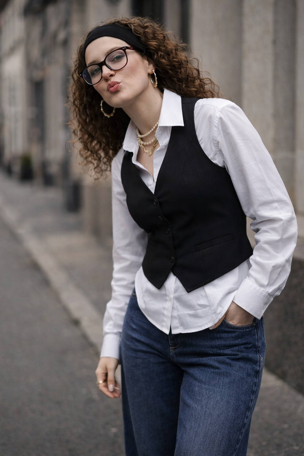 Classic Waistcoat Shirt & Wide-Leg Denim Co-Ord Set | Black