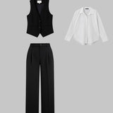 Black Three Piece Suit Set for Women (Shirt + Vest + Pleated Pants) - Full set