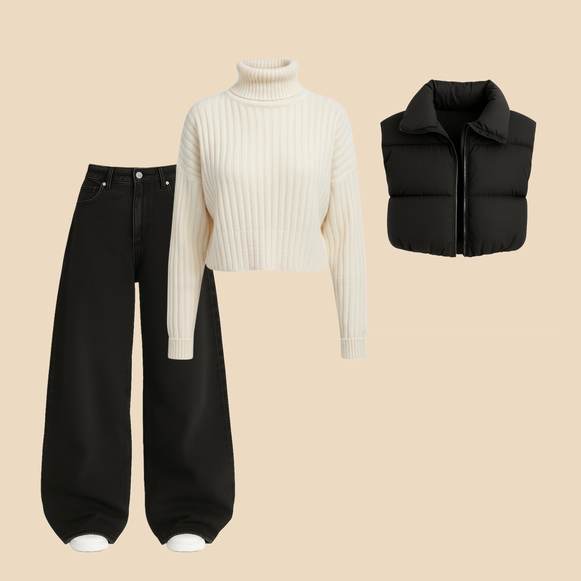 Winter Street-Style Charcoal Set – Knitted Sweater × Baggy Denim × Puffer Vest