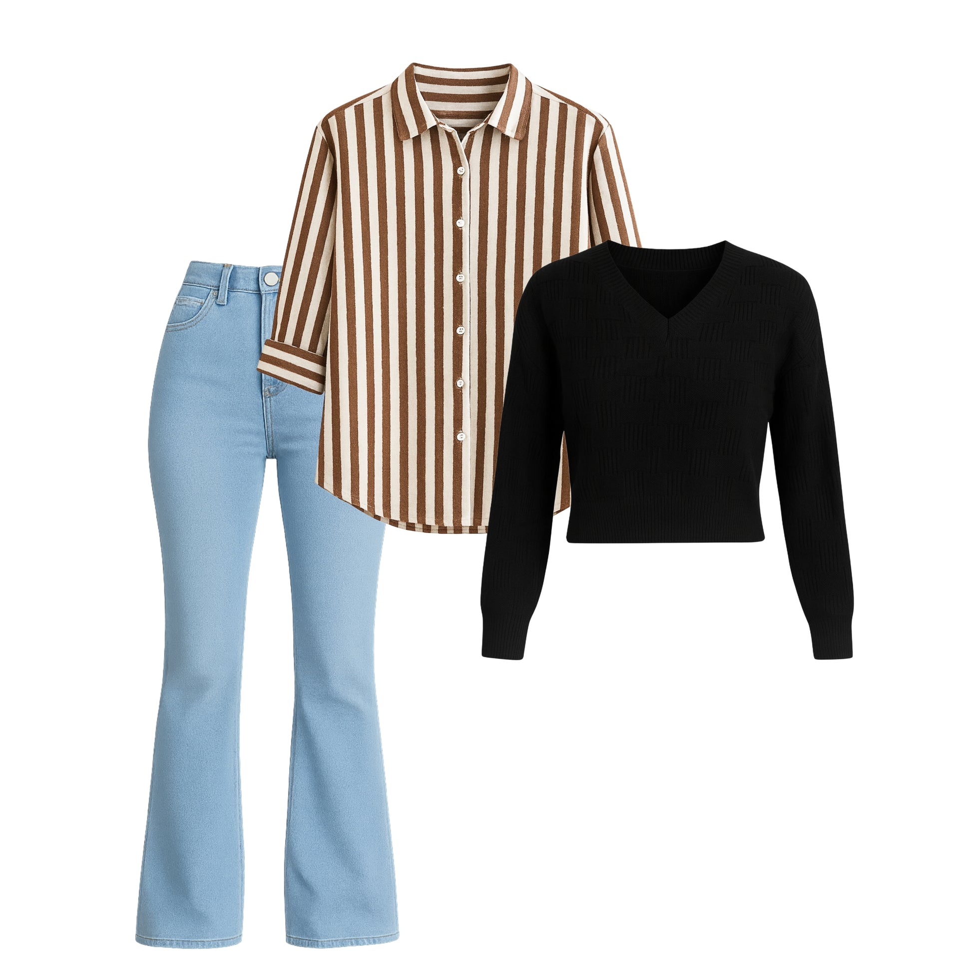 Women’s Premium Winter Shirt + Knitted Sweater + Bootcut Jeans Combo | 1 Free Accessory