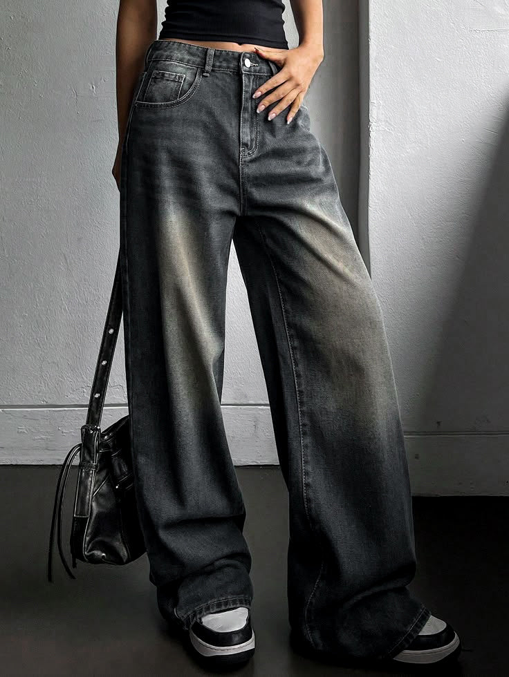 High waist black shade baggy jeans | womens