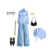 Women's Powder Blue Wrap Shirt & Wide Leg Denim Jeans Co-Ord Set