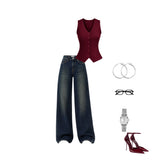 Burgundy Tailored Vest & Wide-Leg Denim Co-ord Set