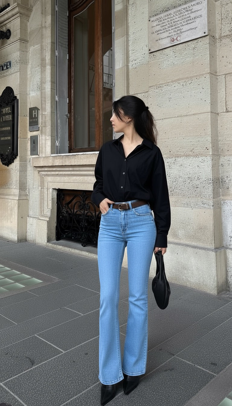 Sky blue bell bottom jeans | Black shirt | Womens