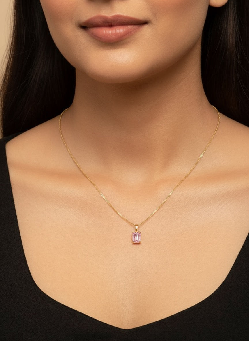 Elegant Artificial Gold Necklace with Pink Stone Pendant