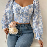 Floral Printed Georgette Puff Sleeve Crop Top