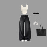 Ivory Ribbed Top & Black Stretch Denim Jeans