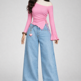 Pink One-Shoulder Ruched Top with Sky Blue Baggy Jeans