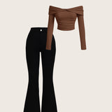 Brown Off-Shoulder Crop Top with Black Bootcut Jeans – Elegant Co-Ord Look