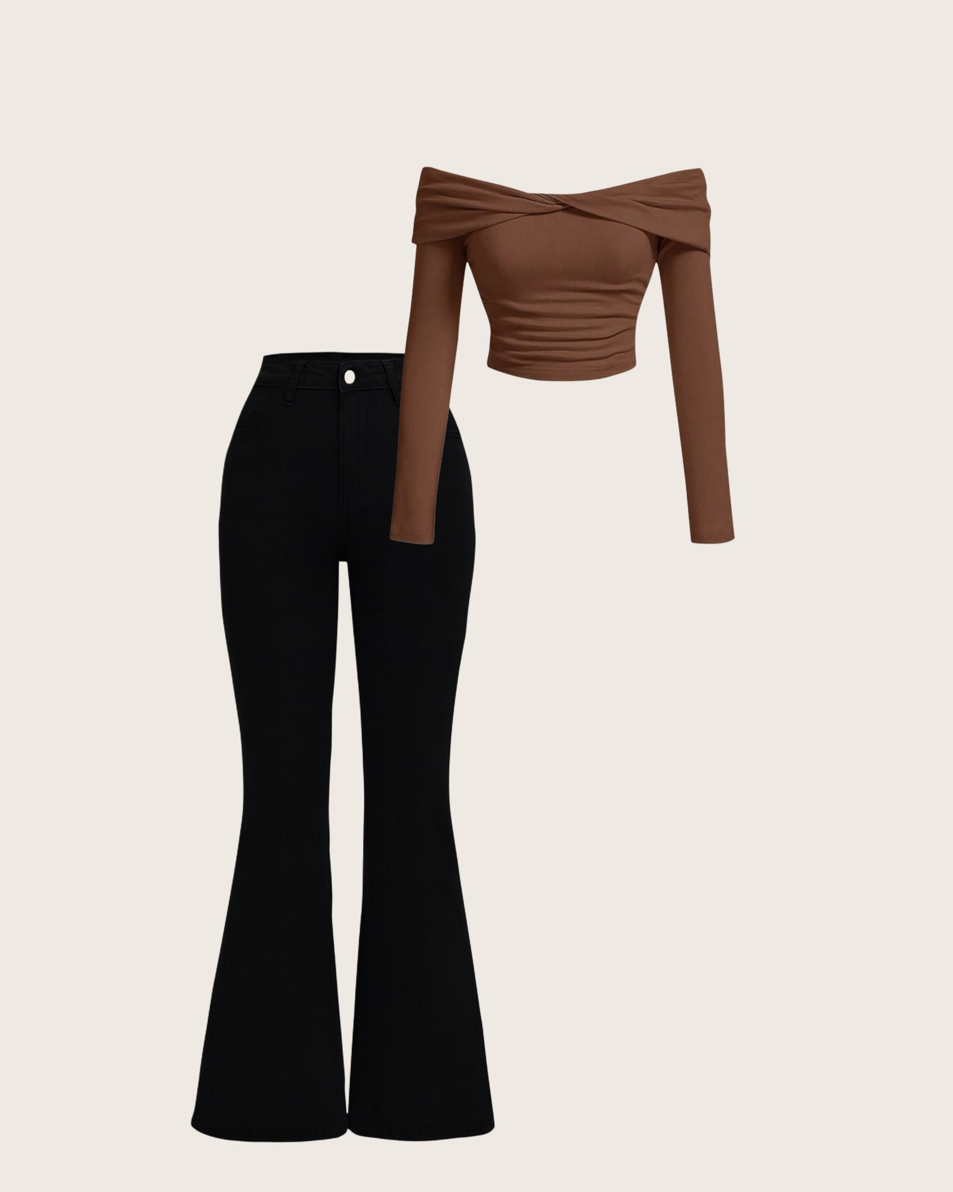 Brown Off-Shoulder Crop Top with Black Bootcut Jeans – Elegant Co-Ord Look