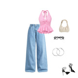 Tie-Up Gingham Top & Denim Set