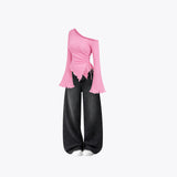 Pink Ruched Top & Wide-Leg Denim Co-ord Set