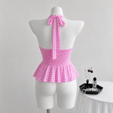Gingham Halterneck Peplum Top