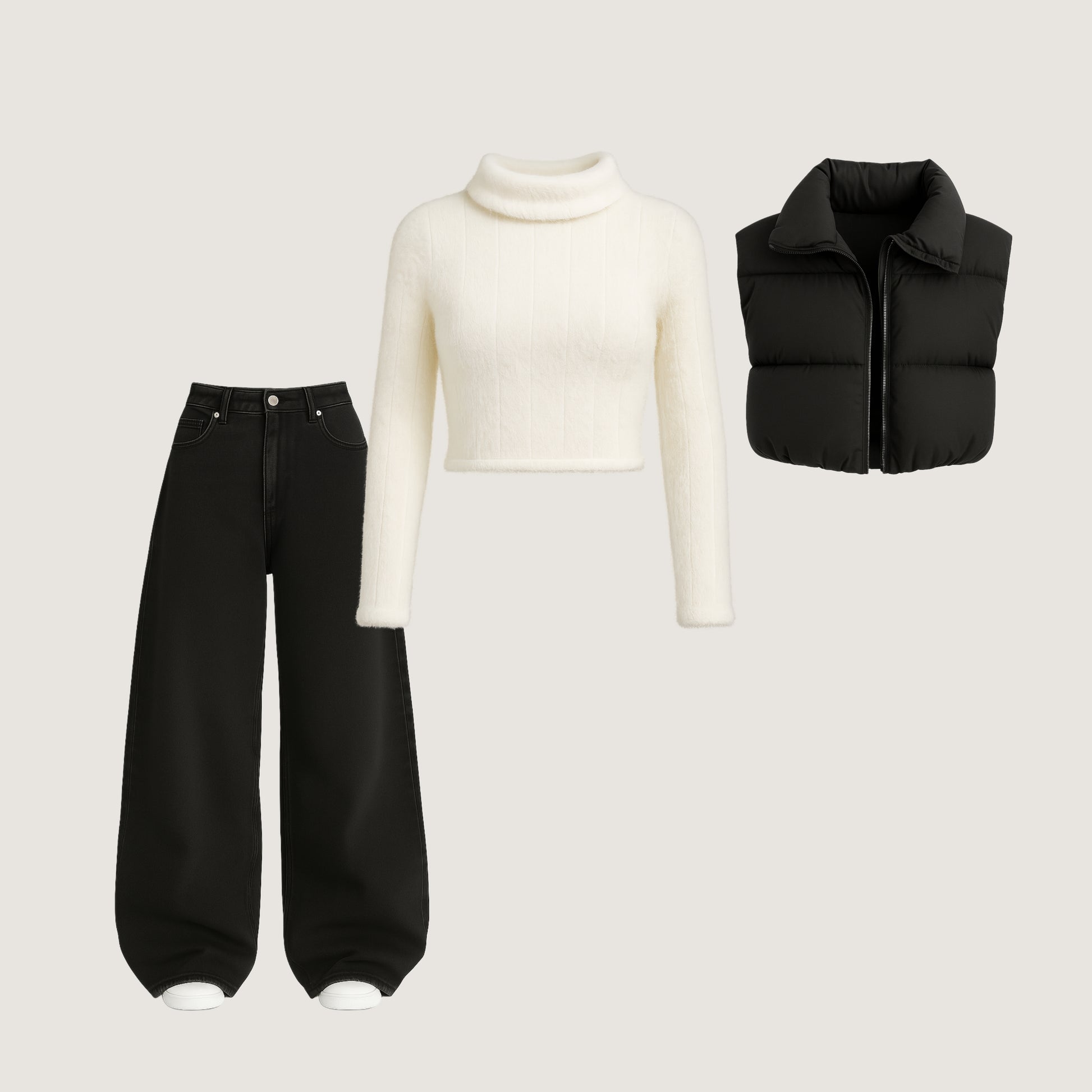 Winter Cozy Set – Premium Sweater, Puffer Vest & Wide-Leg Denim Collection (1 Free accessories)