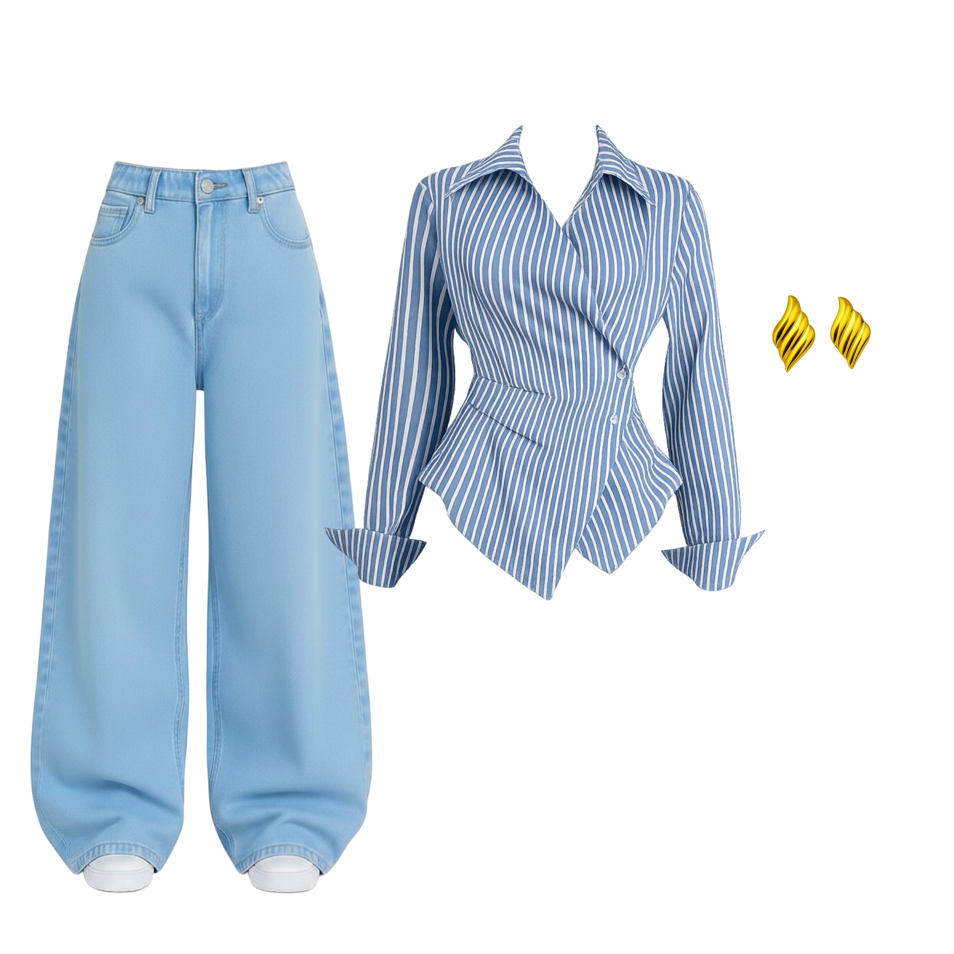 Premium Women’s Denim Jeans (Baggy) & Design Striped Shirt Combo – Free Accessories Included