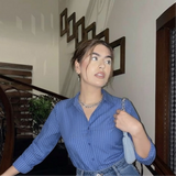 Blue white shade baggy jeans | Dark blue  striped shirt | Womens