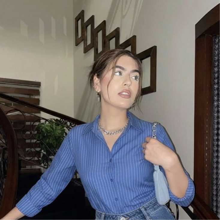 Blue white shade baggy jeans | Dark blue  striped shirt | Womens