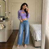 Lavender Twist Neck Crop Top with Wide-Leg Denim Jeans Set