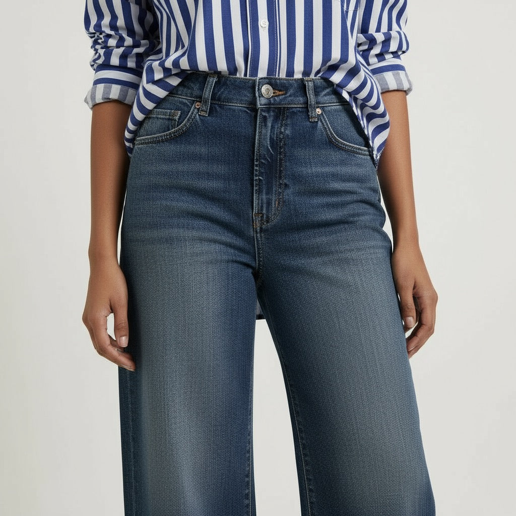 Blue white shade baggy jeans | Dark blue broad striped shirt | Womens
