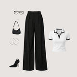 Contrast Trim Polo Top with Wide-Leg Tailored Trousers ( Black )
