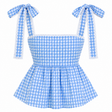 Blue Gingham Peplum Tie-Up Top with Light Wash Wide Leg Jeans Co-ord Set
