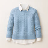 Winter 3-Piece Set – Light Blue Sweater + White Shirt + White Trouser