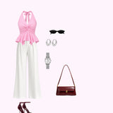Gingham Halter Peplum Top & Twill Trouser Set
