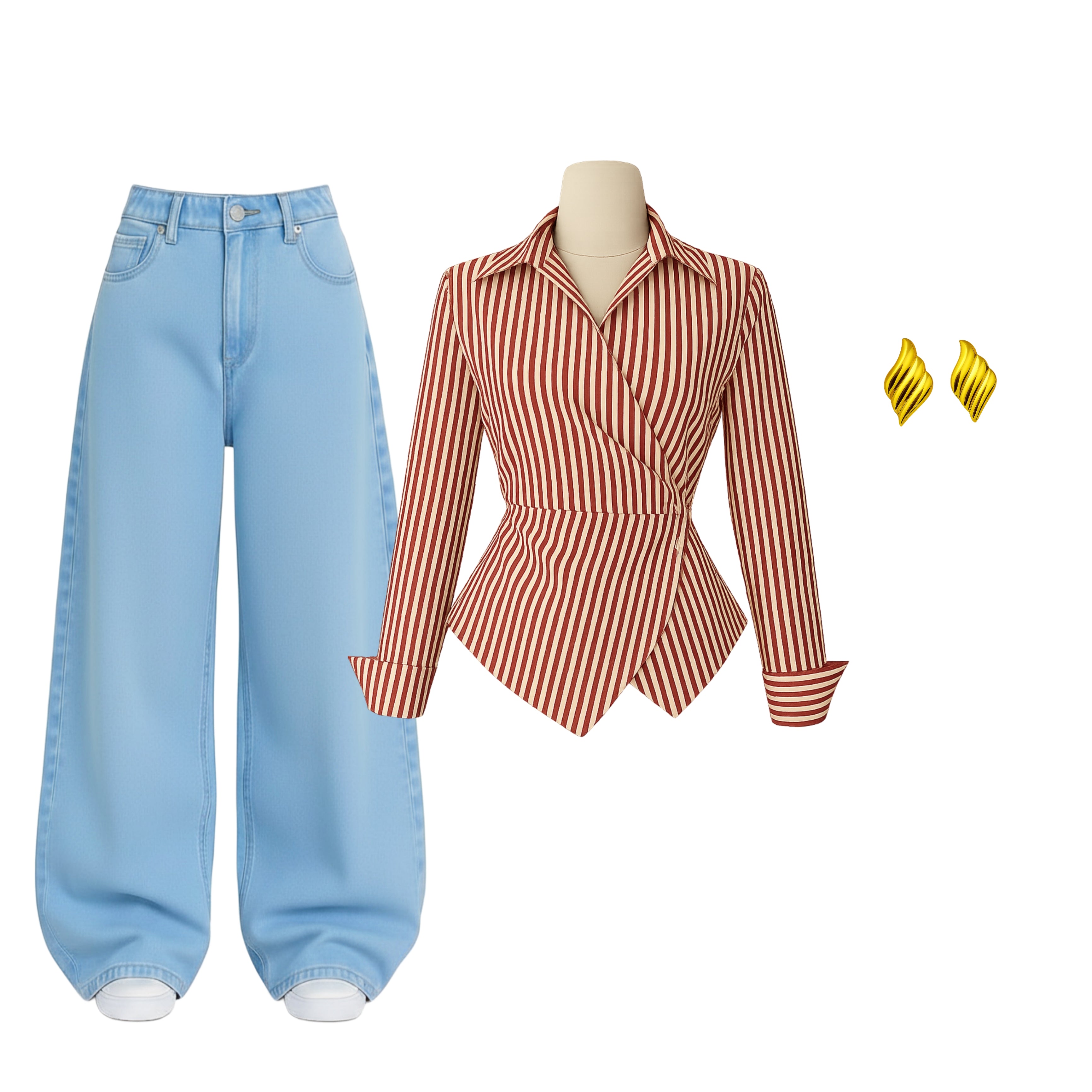 Premium Women’s Denim Jeans (Baggy) & Design Striped Shirt Combo – Free Accessories Included