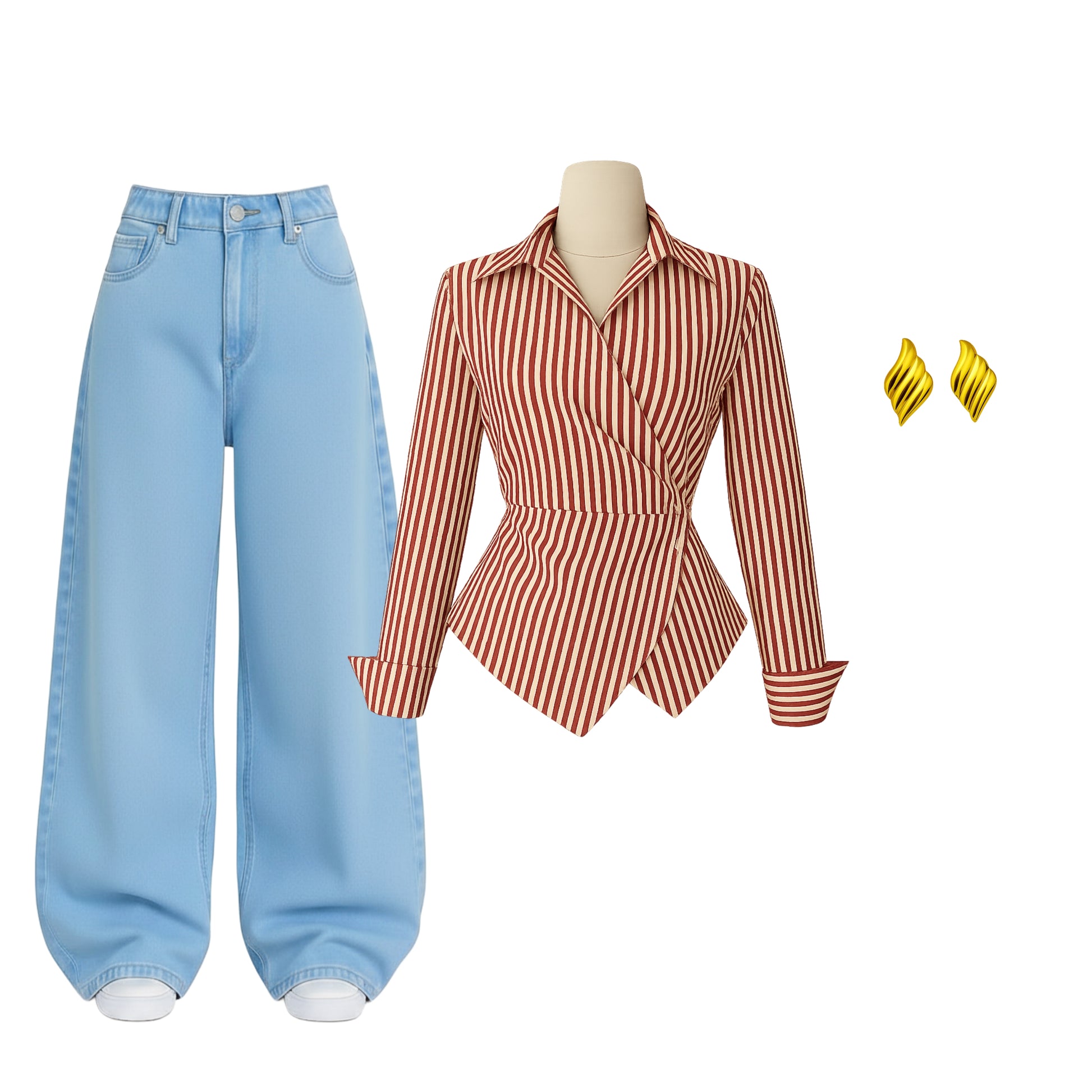 Premium Women’s Denim Jeans (Baggy) & Design Striped Shirt Combo – Free Accessories Included