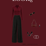 Burgundy Elegance Top & Black Wide-Leg Trouser Set