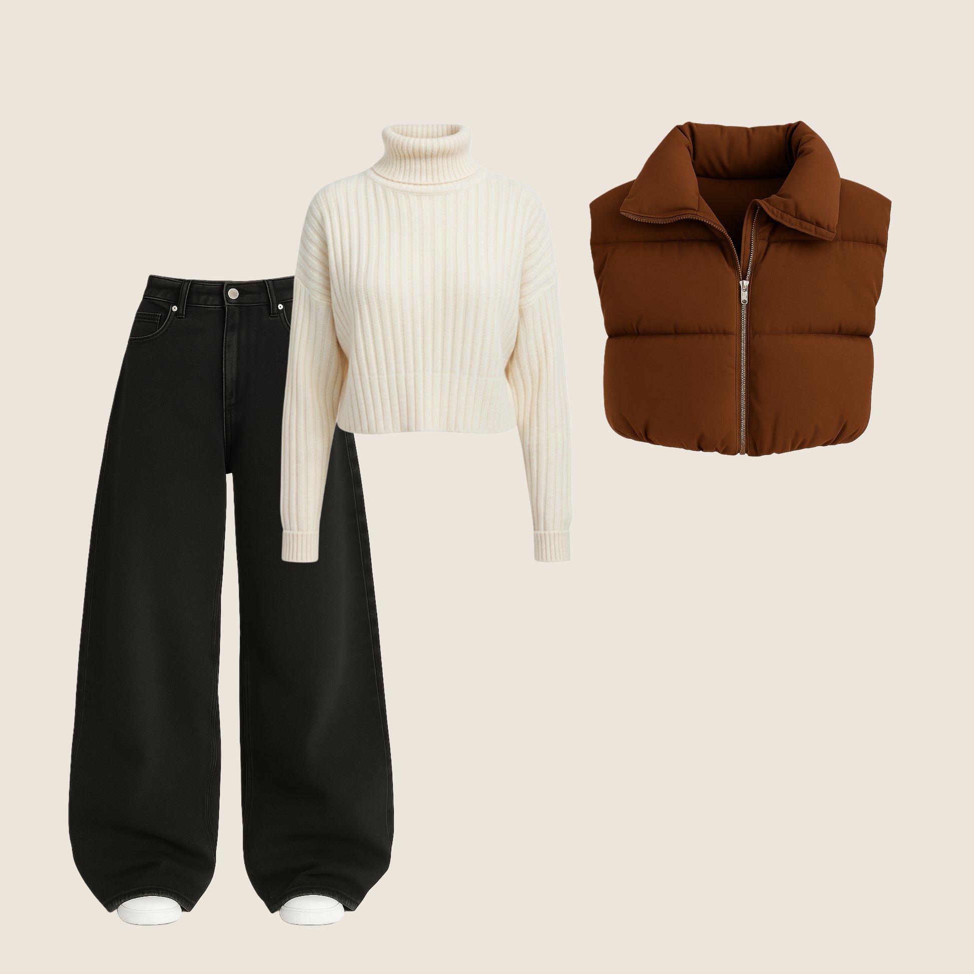 Winter Street-Style Charcoal Set – Knitted Sweater × Baggy Denim × Puffer Vest