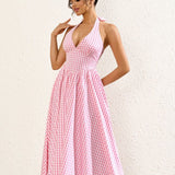 Vintage Charm Pink Check Halter Midi Dress