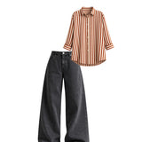 Brown broad striped shirt with charcoal baggy jeans | full outfit