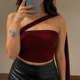 Wine Red Asymmetric Scarf Crop Top