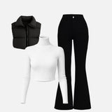 Ribbed Turtleneck Cotton Top and Bootcut Pants with Puffer Vest