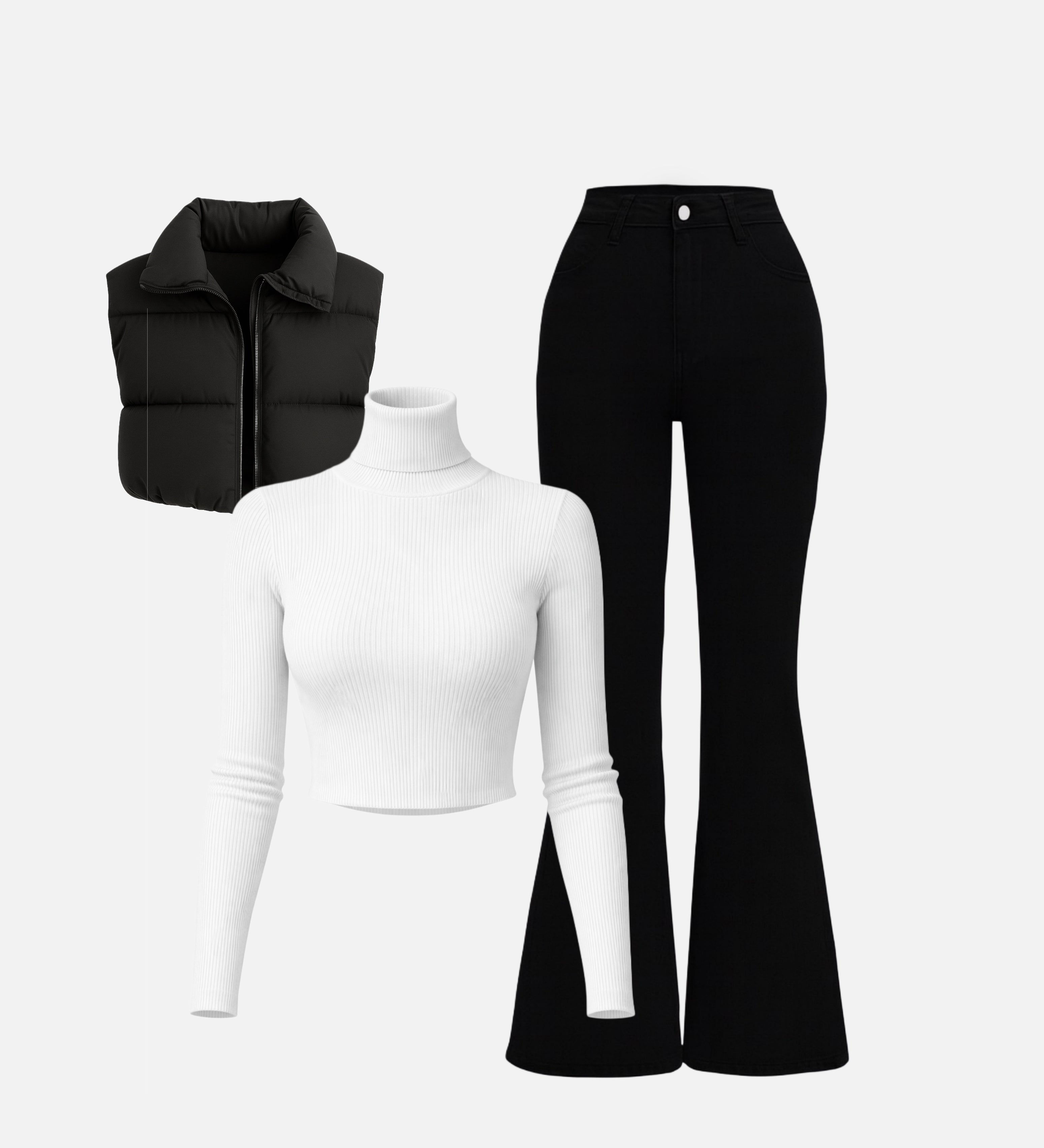 Ribbed Turtleneck Cotton Top and Bootcut Pants with Puffer Vest