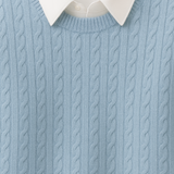 Winter 3-Piece Set – Light Blue Sweater + White Shirt + White Trouser