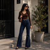 Chocolate Ribbed Top & Midnight Flare Jeans Set