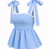 Blue Gingham Peplum Tie-Up Top with Wide Leg Denim Jeans Co-ord Set