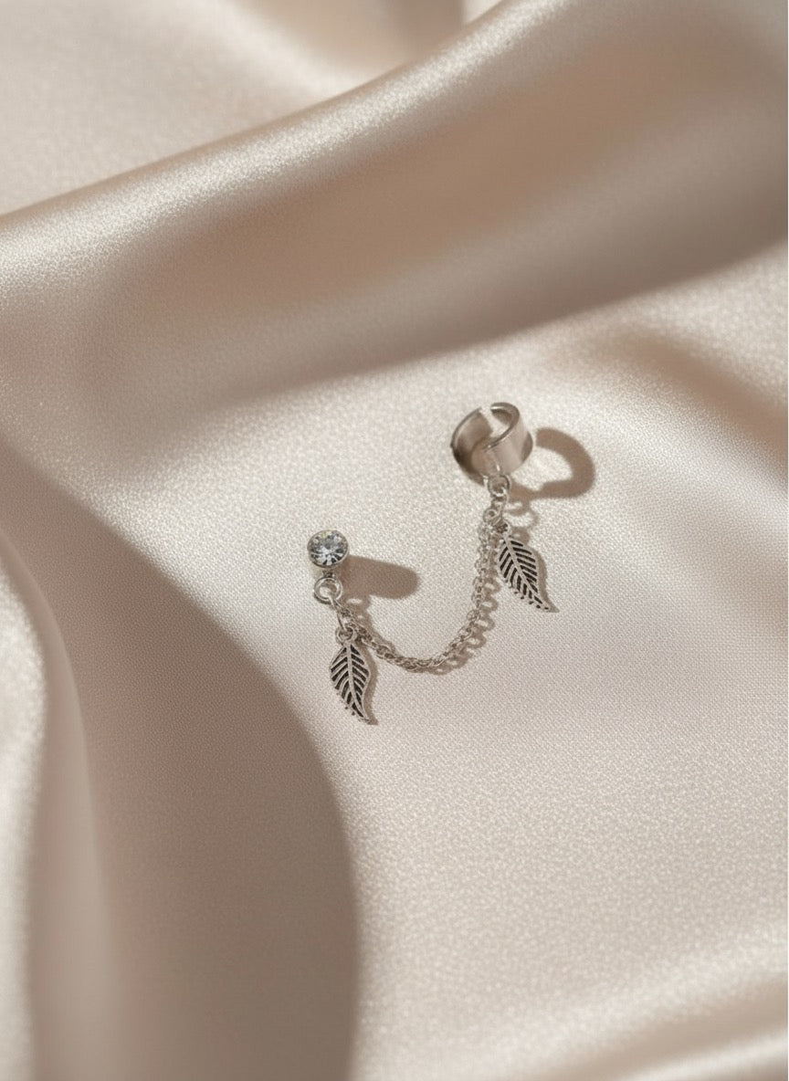 Silver Dual Chain Leaf Drop Cuff Earring (Single Piece)